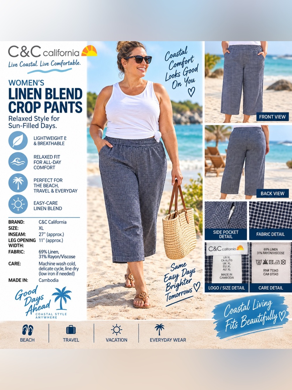 C&C California Women's Blue Linen-Blend Crop Pants